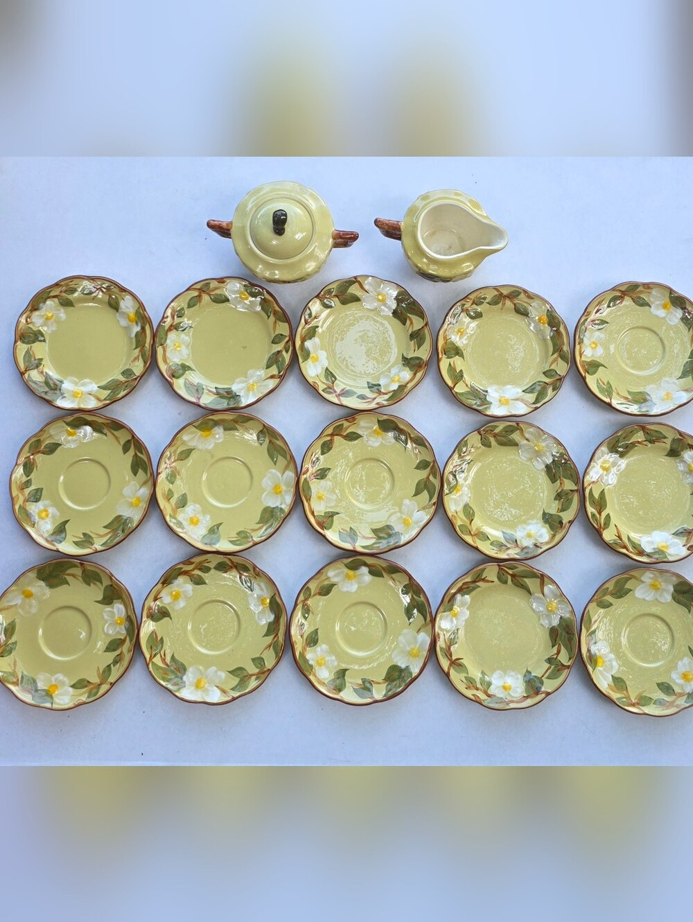 Stangl 17pc White Dogwood Floral Saucer Set with Matching Creamer and Sugar Bowl